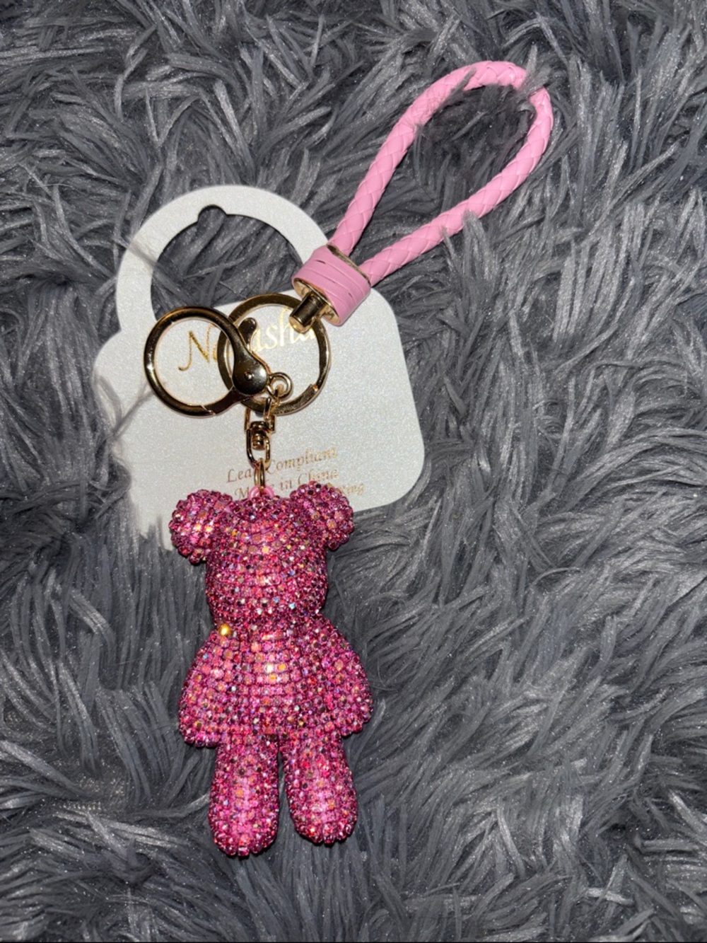 Pink Crystal Teddy Bear Keychain or bag charm with Braided Loop